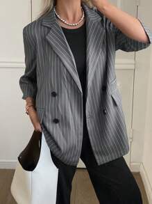 DAZY Blazer holgado de manga corta con bolsillo a rayas para mujer en verano