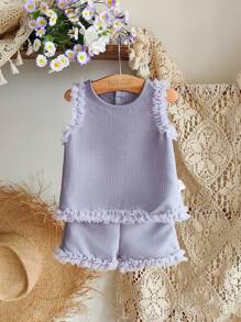 SHEIN Vintaside Kids Baby Girl Minimalist Sweet Lady Net Top & Shorts Set, Suitable For Summer