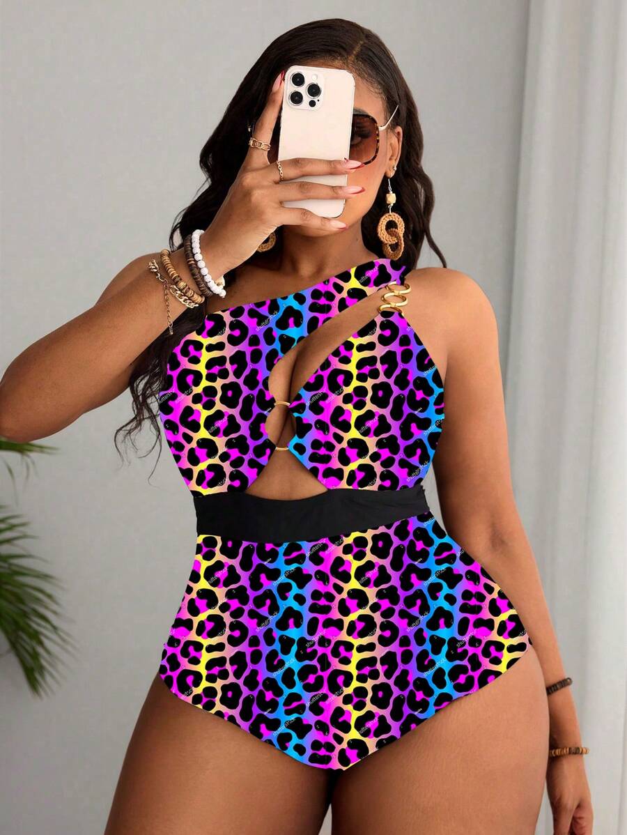 Slaydiva Plus Size Women Leopard Print Asymmetric Shoulder Metallic Accent Sexy One-Piece Swimsuit Swimwear For Summer Beach Vacation - Multicolor - View 1