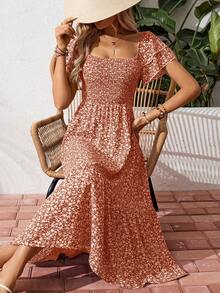 Breezaya Đầm Maxi Cổ Vuông In Hoa Đơn Giản Mùa Hè Tay Ngắn Cho Nữ Đi Biển Kỳ Nghỉ - trái cam - Xem 6