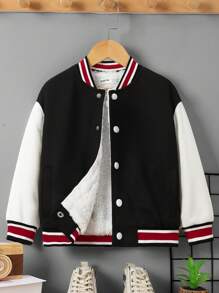 SHEIN 年轻男孩舒适休闲龙纹拼色羊毛棒球夹克 - 黑色 - 查看 6