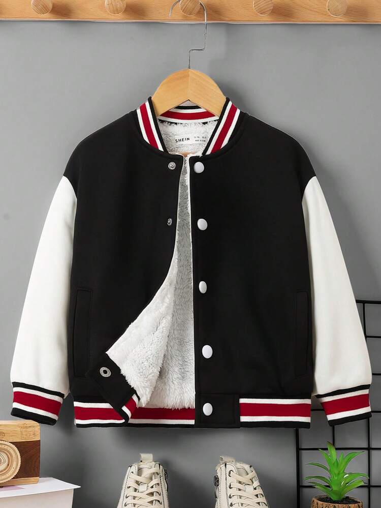 Young Boys' Comfortable Casual Dragon Pattern Color Block Fleece Baseball Jacket