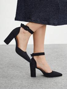 CUCCOO BIZCHIC Women's Fashion Black Suede Material Ankle Strap Buckle Pointed Toe Comfortable Chunky Heel Pumps, Suitable For Commuting, Dating, Gatherings, Festivals, And Party Occasions For Christmas - Black - View 3