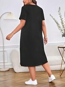 SHEIN Essnce Plus Solid Split Thigh Tee Dress - Black - View 2