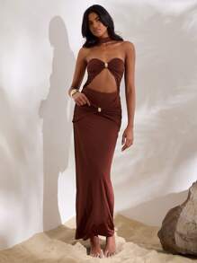 Opulessa 1 件女式纯色针织镂空修身鱼尾连衣裙 - 棕色 - 查看 7