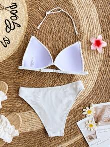 SHEIN Teen Girls' Textured Knitted Halter Necklace Design Swimsuit Set, Vacation Casual Beachwear