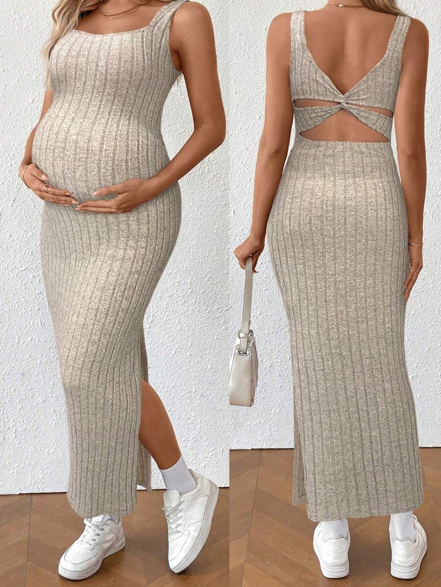 SHEIN Maternity Summer Minimalist Ribbed Twist Back Slit Midi Dress - Apricot - View 1