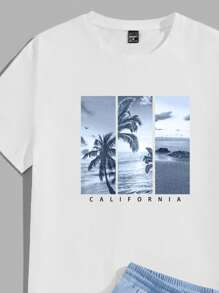 Manfinity RSRT Tropical Beach Blue Color Block Vacation Print Slim Fit Men's White Knit Shirt & Blue Woven Shorts Set - Multicolor - View 3