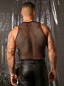 FeverCity Men's Mesh Round Neck Sleeveless Tank Top, Suitable For Summer - Black - View 3