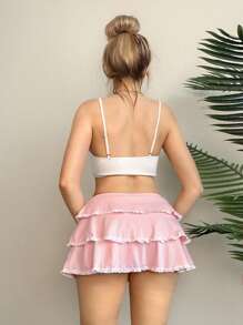 EgrlEra 女士性感蕾丝边薄纱荷叶边半身裙