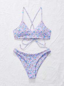 Swim Mod Women's Summer Beach Ditsy Floral Sexy Bikini Swimwear Set, Non-Wired - Mauve Purple - View 5