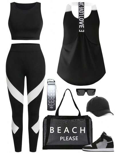 Easithlete Ärmlösa kontrastfärgade lapptäcksunderställsleggings för träningskläder för kvinnor