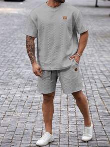 Manfinity Homme Men Plus Size Summer Casual Solid Textured T-Shirt And Shorts Set, Cozy Outfits