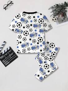 Young Boy Casual Minimalist Snug Fit Crew Neck Short Sleeve Top And Long Pants Pajama Set, Suitable For All Seasons - White - View 3