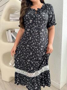 Contrast Color Lace Patchwork Ruffle Hem Plus Size Ditsy Floral Short Sleeve Maxi Dress