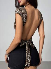 SHEIN EZwear Women Leopard Print Short Sleeve Crew Neck Casual Sexy Stylish T-Shirt, Suitable For Summer - Multicolor - View 1