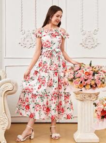 Teen Girl Vacation Retro French Floral Print Ruffle Hem Maxi Dress,Holiday,Summer,Travel - White - View 4