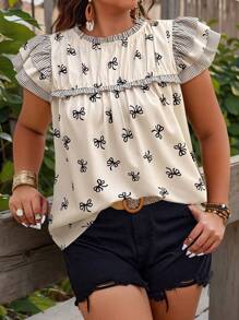 SHEIN LUNE Plus Size Random Print Ruffle Trim Casual Short Sleeve Shirt, Summer - Multicolor - View 1