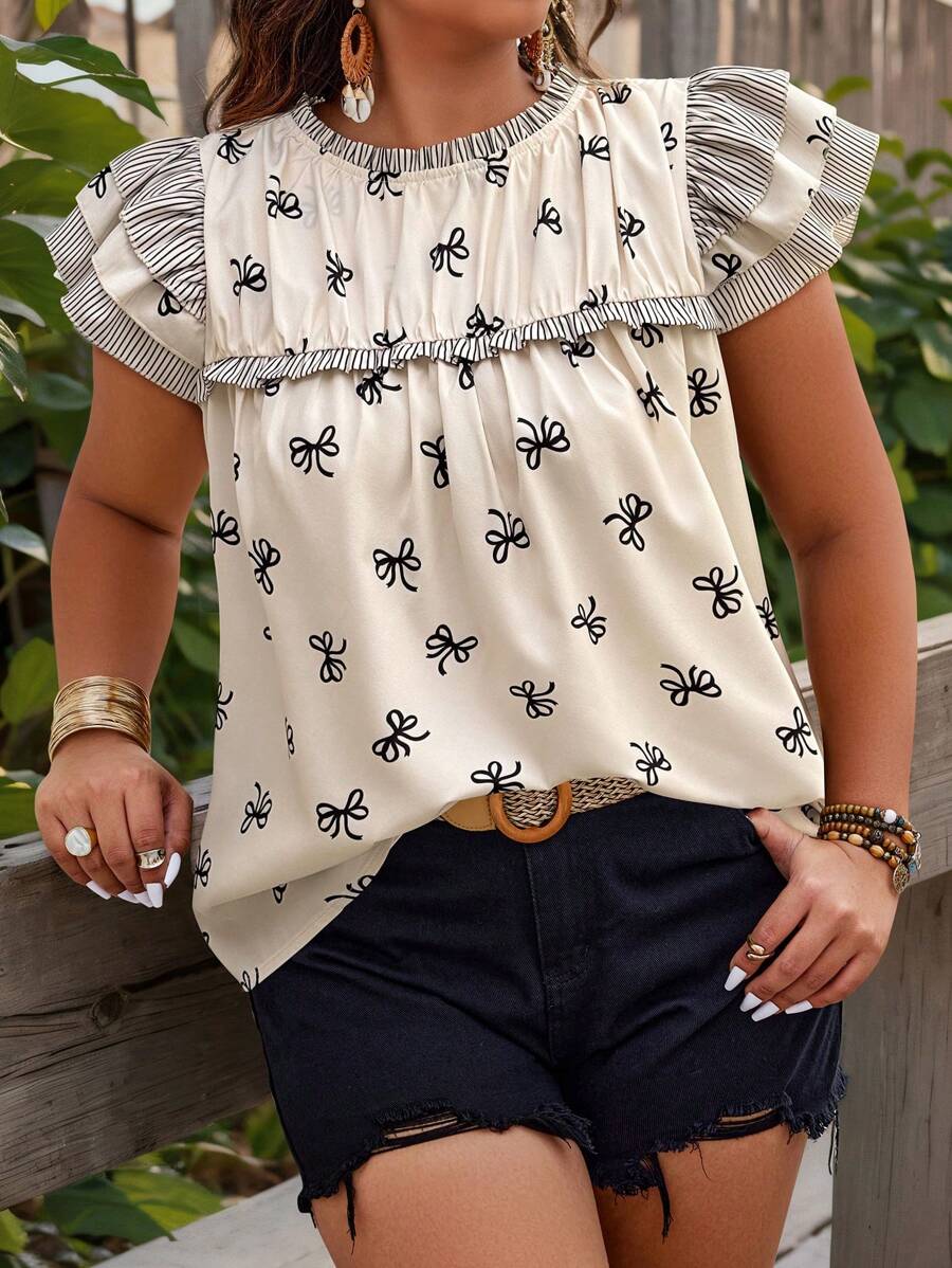 SHEIN LUNE Plus Size Random Print Ruffle Trim Casual Short Sleeve Shirt, Summer - Multicolor - View 1