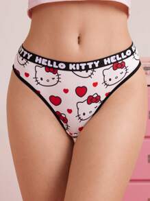 HELLO KITTY AND FRIENDS | SHEIN Quần lót lọt khe in chữ và hình mèo hoạt hình dễ thương thoải mái cho nữ - Đen và trắng - Xem 4