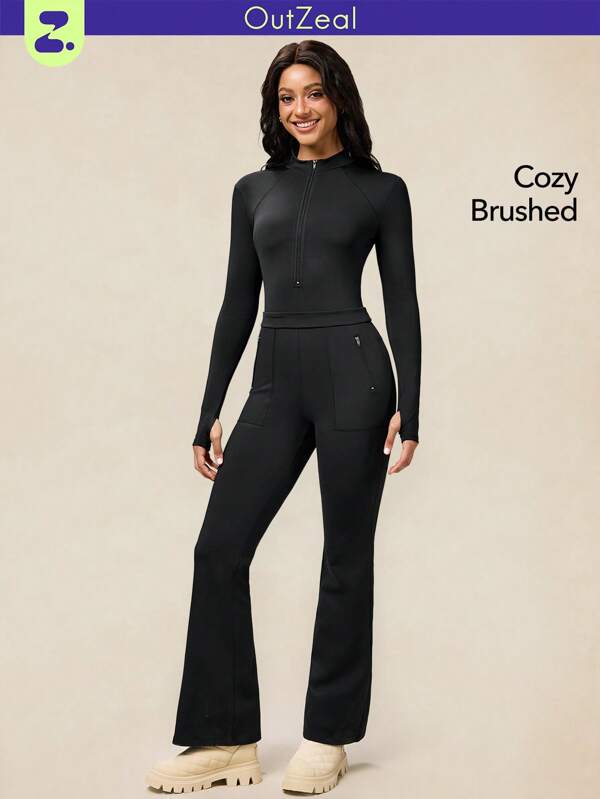 OutZeal AeroHeat Fleece Slim Zip-Up Long Sleeve Jumpsuit With Multiple Pockets For Hiking