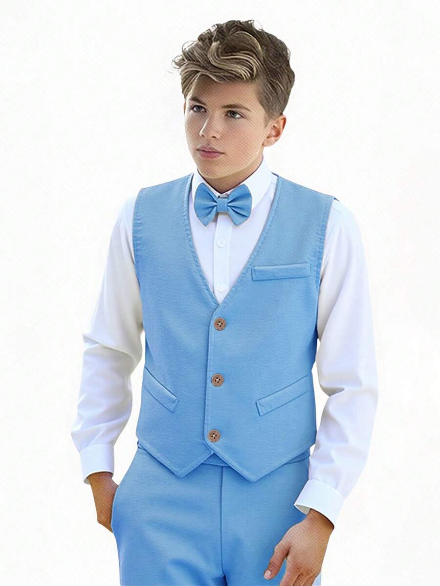 SHEIN Setelan Jas Formal 3 Potong untuk Anak Laki-Laki: Rompi dan Celana dengan Dasi Kupu-Kupu, Cocok untuk Pesta Pernikahan dan Wisuda, Musim Semi, Nyaman dan Bernapas - Baby Blue - View 1
