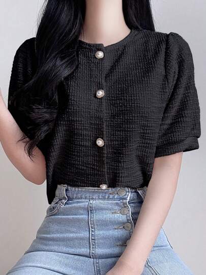DAZY 女士优雅圆领泡泡袖短款衬衫