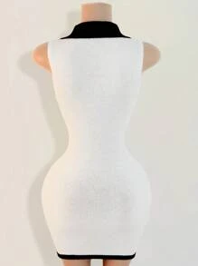 Mistrie 黑白收腰女式毛衣裙，撞色领口迷你针织毛衣裙，休闲性感春夏女装，满足基本旅行需求 - 黑與白 - 查看 2