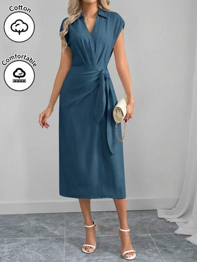 SHEIN Clasi 女士优雅 V 领交叉系带亚麻质感修身中长连衣裙，休闲/度假/工作装夏装