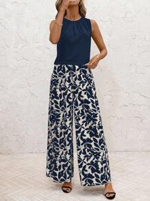 SHEIN Clasi Summer Elegant Women's Black Collar Pleated Vest And Elastic Floral Print Pants Two Pieces Set, Suitable For Wearing In Various Occasions, Summer Sets