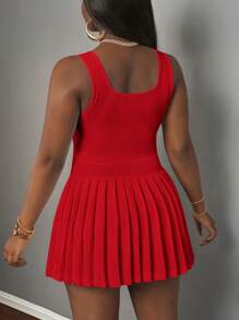 Slaydiva New Spring And Summer Casual Simple Basic U-Neck Racer Vest With Black Label And White Words Pleated Skirt Including Shorts And Culottes White Knitted Fabric Women's Mini Dress-A,Summer Dresses For Women - Red - View 2