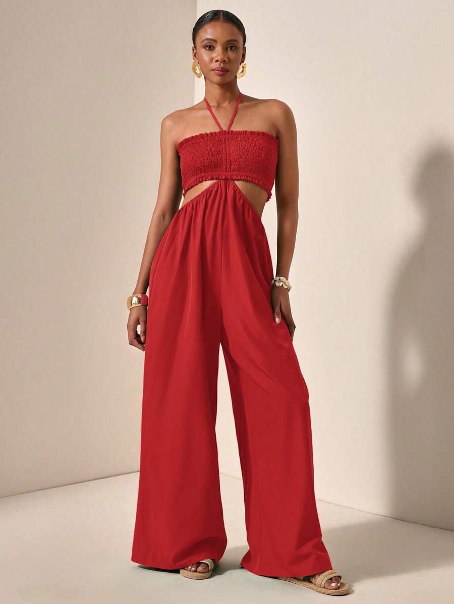 Slaydiva Women's Solid Color Sleeveless Hollow Out Casual Jumpsuit For Summer