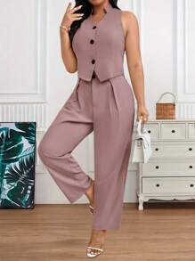 SHEIN LUNE Plus Size Women Minimalist Sleeveless Vest & Blazer Suit Outfit