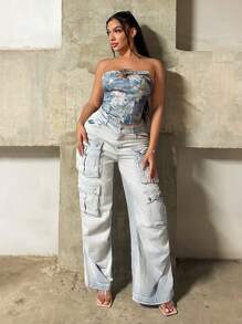 SHEIN SXY Women's Floral Print Adjustable Bandeau Top, Fashionable For Vacation,Corset Tops,Tube Tops,Summer,Sexy,Club Outfits Women Sexy,Gyaru,Streetwear Women,Summer,Y2K - Blue and White - View 3