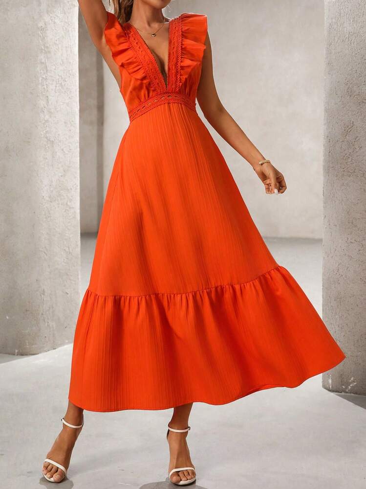 Chiquease 女士长款蕾丝镂空深 V 领荷叶边系带性感连衣裙 - 橘色 - 查看 7