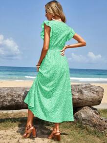 RueChic Vacation Casual Floral Ruffle Hem Long Dress - Green - View 2
