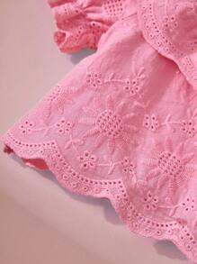 SHEIN Baby Girl Vintage French Style Elegant Embroidered Floral Ruffled Collar Puff Sleeve Blouse, Suitable For Outings - Hot Pink - View 3