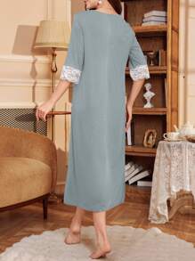 PalaceNights Women's V-Neck Contrast Lace Loose Mid-Length Nightgown, Moo Moo - Dusty Blue - View 2