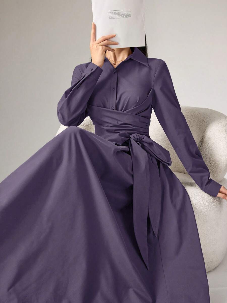 Heiryn Women's Solid Front Button Long Sleeve Simple Casual Elegant Long Arabic Style Dress, Modest Dinner Office Dusty Purple Fall - Purple - View 1