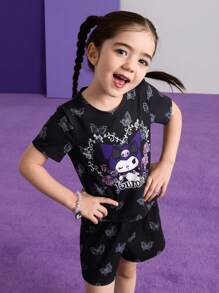 HELLO KITTY AND FRIENDS | SHEIN 2pcs/Set Young Girl Punk Style Butterfly & Rose Knitted Round Neck T-Shirt And Shorts Set - Black - View 1