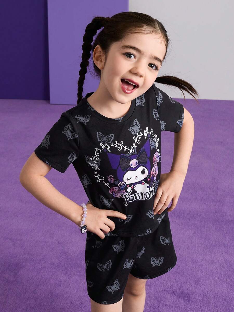 HELLO KITTY AND FRIENDS | SHEIN 2pcs/Set Young Girl Punk Style Butterfly & Rose Knitted Round Neck T-Shirt And Shorts Set - Black - View 1