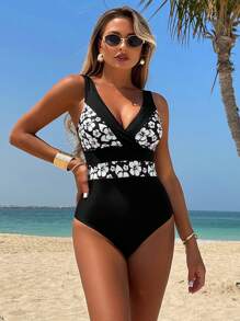 Swim Lushoire Women's Summer Beach Holiday Printed V-Neck Backless Contrast Color One Piece Swimsuit - Black and White - View 8