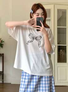 DAZY 2pcs Bow Printed Loose Short Sleeve Plaid Shorts Set, Women Summer Pajamas - White - View 6