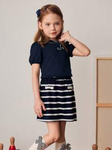 PrepCrw Set aus marineblauem T-Shirt mit Schleifen-Dekor und gestreiftem A-Linien-Rock im Collegestil für Kleine Mädchen, Frühling/Sommer - Verschiedenfarbig - Übersicht 6