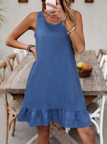 Breezaya Women's Round Neck Woven Textured Lace Patchwork Ruffle Hem Casual Vacation Dress, Spring/Summer - Blue - View 5