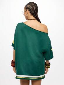 SUMWON WOMEN Oversized Sports Team Mini Dress Long T-Shirt Style Star Logo Design Off Shoulder Casual Street Style Distressed Hem Weekender Athletics Fan Apparel - Green - View 2