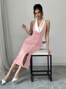Elenzga Elegant & Refined Color Block Office/Party Dress - Pink - View 5