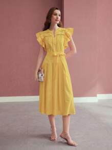 MOTF PREMIUM VESTIDO CON VOLANTES Y ENTALLADO CON CINTURÓN - Amarillo - Ver 7