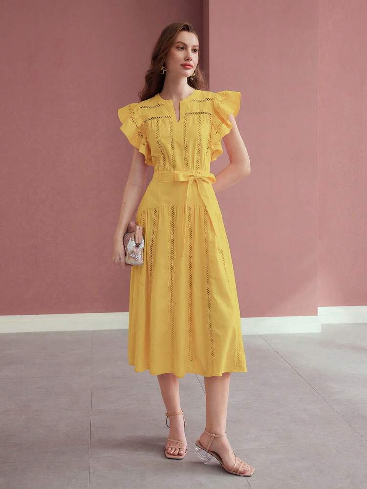 BELTED RUFFLE NOTCHED DRESS