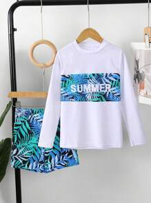 Tween Boy Tropical Plants Print Long Sleeve Rashguard And Swim Trunks Set - Multicolor - View 7
